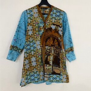 Light Blue & Brown Printed V-Neck Tunic Top